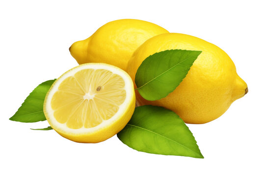 Three Fresh Lemons With Leaves on a White Background. On a White or Clear Surface PNG Transparent Background..
