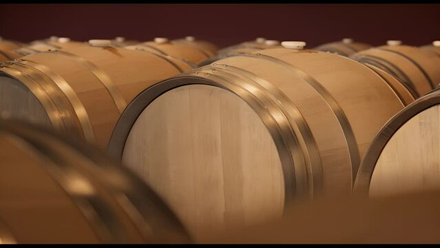 A row of wooden barrels with a silver band around the middle