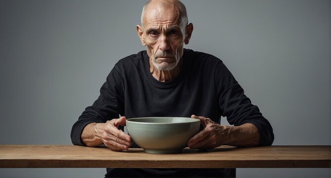 Sad and emaciated person holding an empty bowl