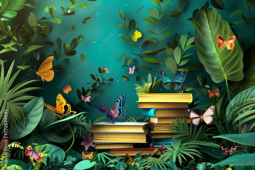 Poster a book is open on a table with a colorful background of flowers and butterflies