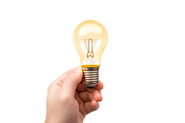 Person Holding Light Bulb in Hand. On a White or Clear Surface PNG Transparent Background..