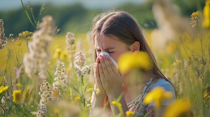 Teenager sneezing because of pollen allergy - obrazy, fototapety, plakaty