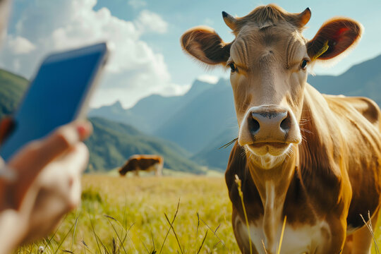 Curious cow looking at the camera while being photographed with a smartphone in a green field with mountains in the background