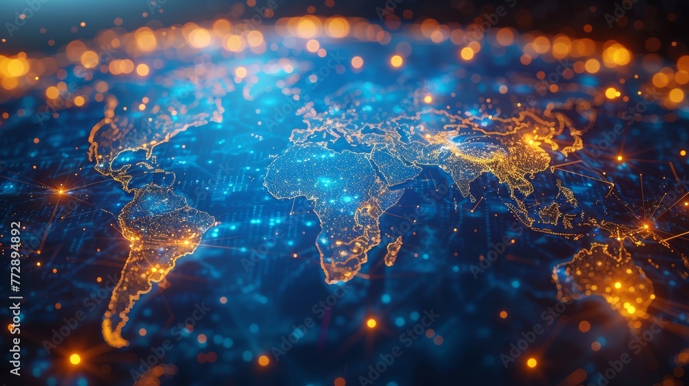 Aufkleber Global world map in futuristic style with dots of communication technology.