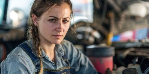 The concept of small business, feminism and women's equality. A young woman in working clothes posing in front of a car workshop