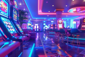 A casino with neon lights and a roulette table - obrazy, fototapety, plakaty