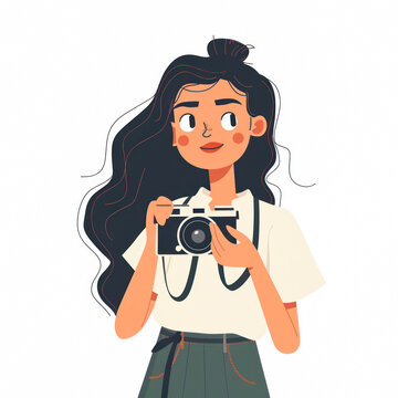 girl with camera illustration on white background. Portrait of female photographer in casual clothing holds a camera and takes a picture. Tourist and blogger. flat illustration. Sticker, logo, avatar