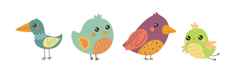 Cute Little Birdie with Colorful Feather Vector Set