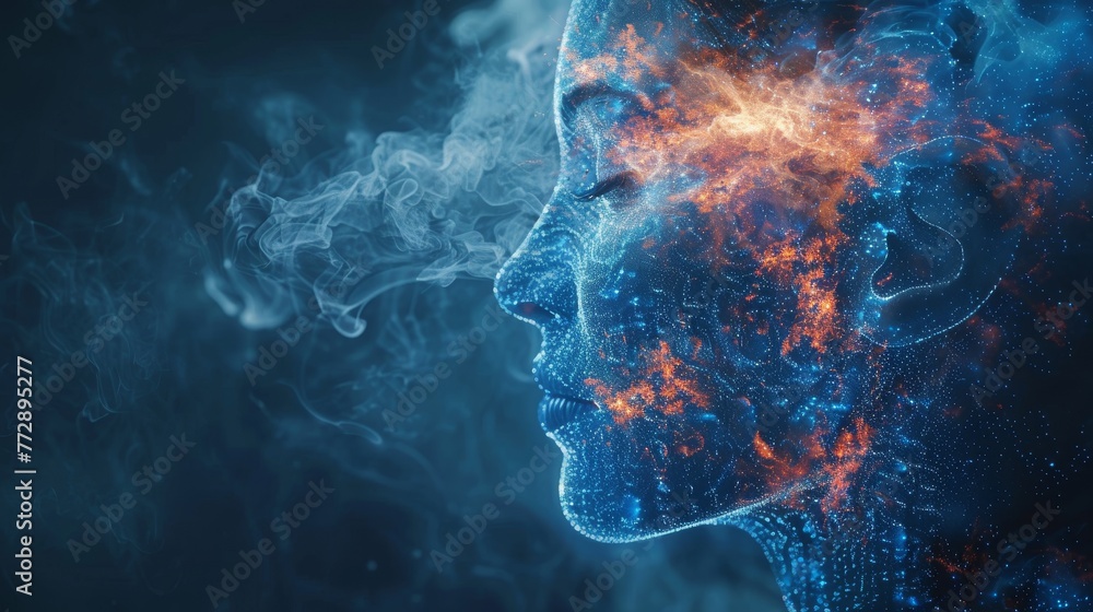 Aufkleber side view of man's head showing the x-ray interface for brain scan technology