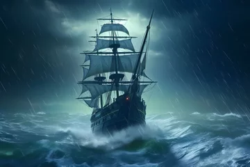 Poster In the middle of a stormy nighttime sea is a pirate ship. © Much