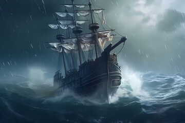 A pirate vessel is adrift in a turbulent sea at night.