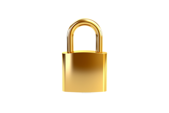 Shiny Golden Padlock on White Background. On a White or Clear Surface PNG Transparent Background..