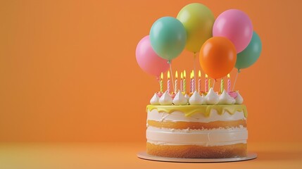 A cake with colorful balloons and candles, perfect for a birthday party, against a bright orange background.