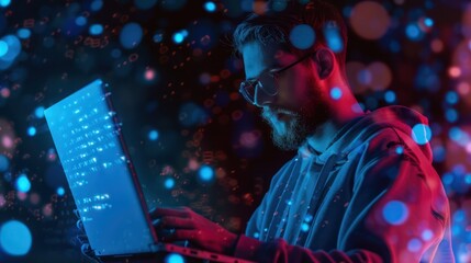A man works at a laptop surrounded by digital effects and holograms