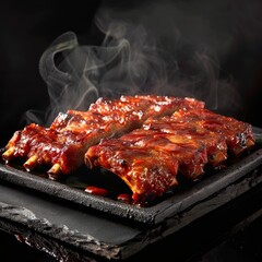 BBQ ribs on slate, smoke rising, dramatic lighting, culinary delight.