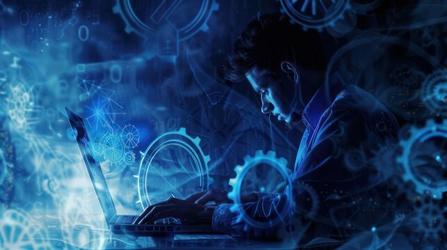 A man works at a laptop surrounded by digital effects and holograms