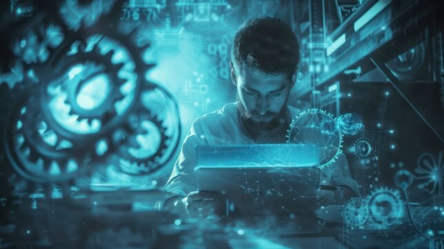 A man works at a laptop surrounded by digital effects and holograms