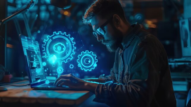 A man works at a laptop surrounded by digital effects and holograms