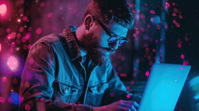 A man works at a laptop surrounded by digital effects and holograms