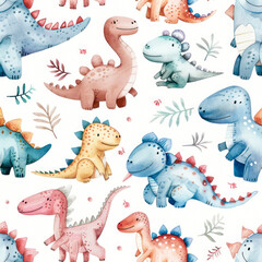 Cute cartoon watercolor dinosaur pattern. Watercolor childish dino set on white background. Dino print, sticker, poster, card, invitations, children books.