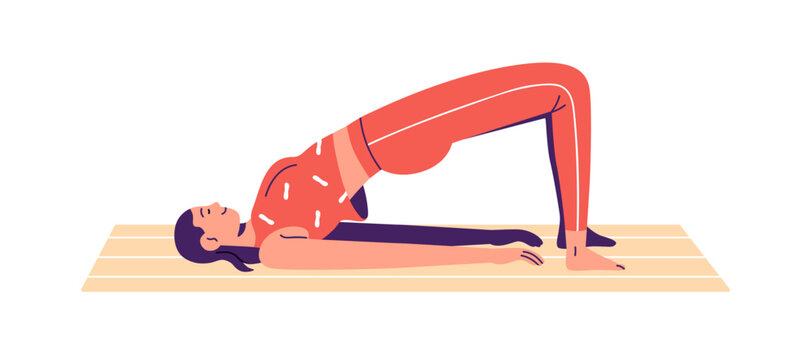 Woman training on mat. Girl during Kegel exercise, workout for healthy pelvic muscles. Person lying on floor, pelvis raised up position. Flat vector illustration isolated on white background