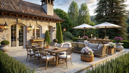 French Country style outdoor entertaining area with a mix of antique French, shabby chic and farmhouse
