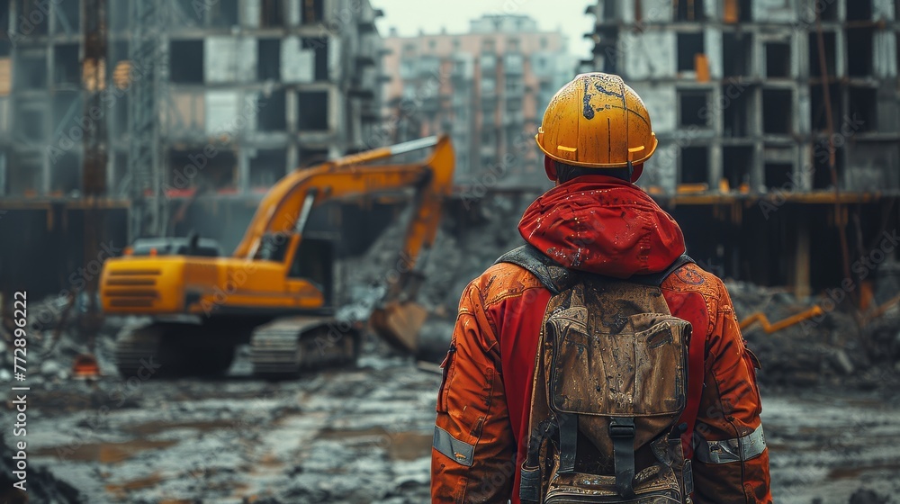 Poster Concepts of construction technology, graphic of an engineer using building machinery