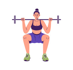 Woman doing squat with barbell. Girl exercising in gym, lifting weights. Female during sport, weightlifting workout, power training. Flat graphic vector illustration isolated on white background