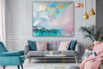acrylic painting style abstraction in pastel colors with gold accents	on the wall