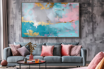 acrylic painting style abstraction in pastel colors with gold accents	on the wall