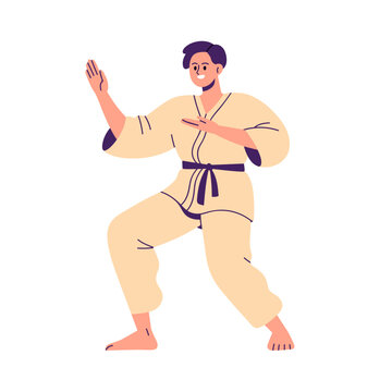 Karate fighter. Japanese fight athlete. Wrestler in kimono, black belt. Sport man in stance, standing fighting position. Japan martial art. Flat vector illustration isolated on white background