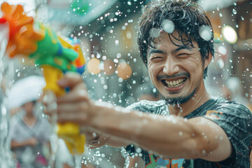 Happy traveler asian man wearing summer shirt holding colorful squirt water gun over blur city, Water festival holiday concept - obrazy, fototapety, plakaty