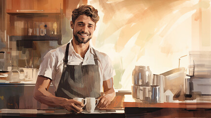 A handsome male bartender or barista stands behind the cafe counter. Simple abstract illustrations in watercolor style.