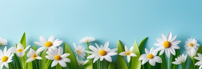 Banner with spring flowers on blue background.