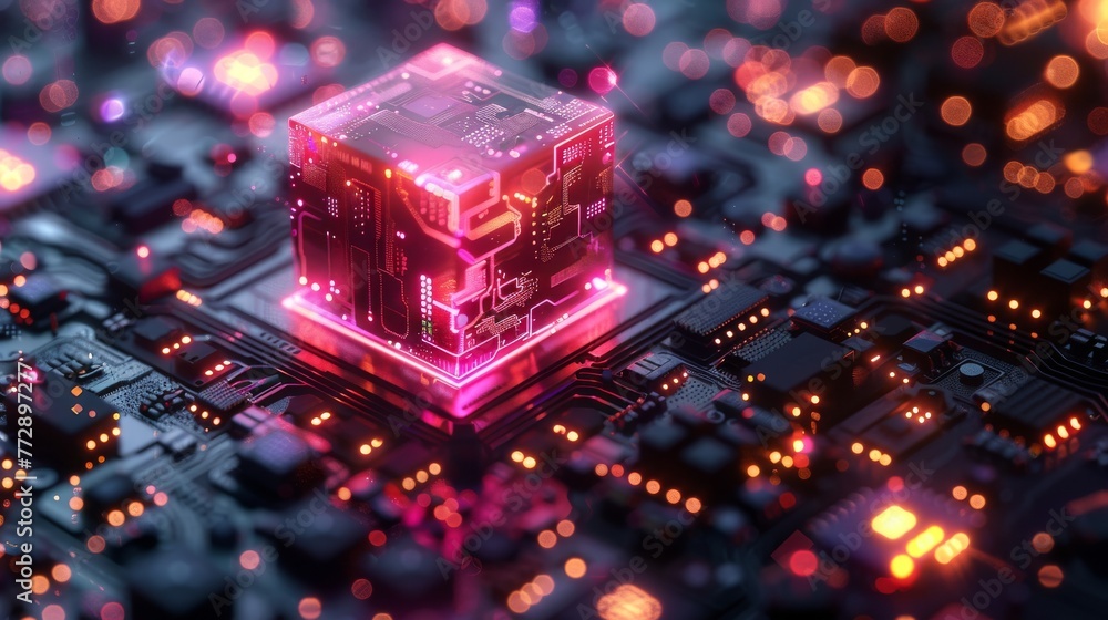 Poster An isometric image of a microchip with futuristic cube technology elements and quantum computing concept