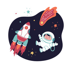Cartoon flying spaceship, astronaut kid and burning comet in space, vector astronomy science, cute cosmos adventure