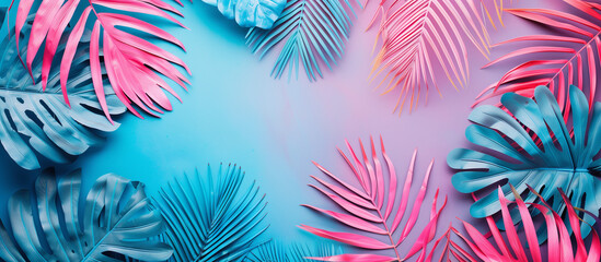A stylish and monochromatic image showcasing tropical foliage set against a dual-tone pink and blue background, symbolizing balance and calm - obrazy, fototapety, plakaty