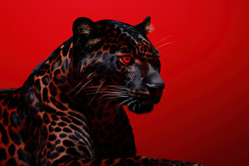 a black and red leopard with red eyes