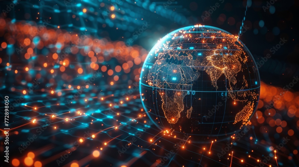 Poster conceptual illustration of global communication technology, a futuristic globe interacting with cybe