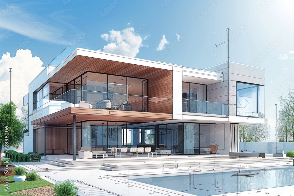Poster stunning 3d rendering of a modern two-story villa with a beautiful pool and stylish architecture