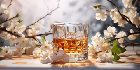 In the sun's rays, a wide glass of whiskey or rum with apple blossoms on a white table. Spring or summer alcoholic beverage advertising banner layout. - obrazy, fototapety, plakaty