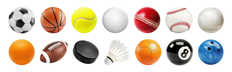 Sports balls and equipment collection set isolated on transparent or white background, png