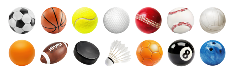 Sports balls and equipment collection set isolated on transparent or white background, png