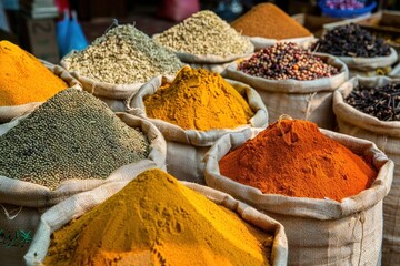 Colorful and Aromatic Spices Displayed in Sacks at the Vibrant Spice Market