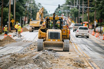 Bulldozer working on a road construction site with cars passing by