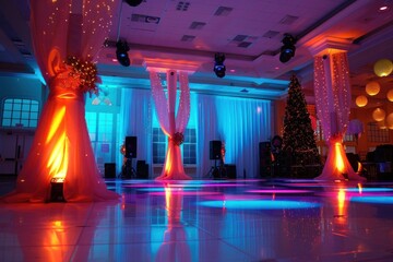 Vibrant dance floor with blue and orange lights and white fabric columns