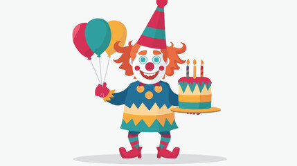 Clown with birthday cake Flat vector isolated on white