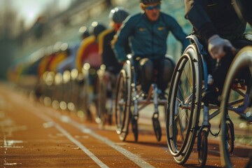 Determined wheelchair athlete training for the big race on an outdoor track.