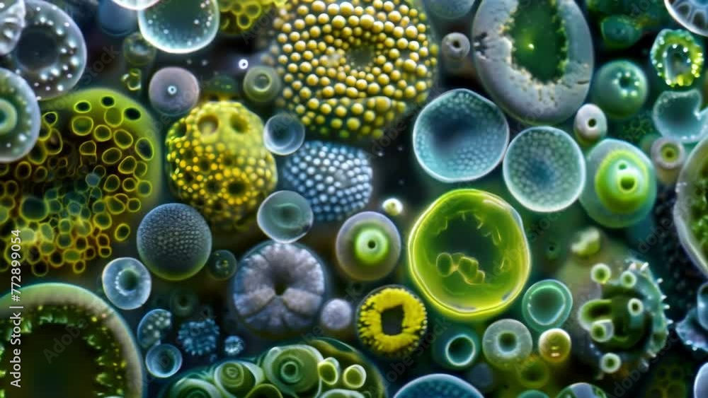 Poster a zoomedout image of a diverse collection of algae cells highlighting their diversity in shape size 