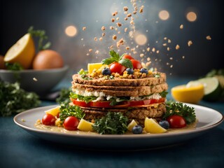 Yummy healthy meal for health lovers, fine dining dish, in studio background, cinematic food photography